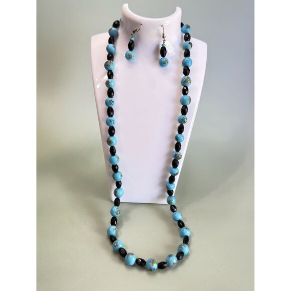 Blue & Black Glass Beads Hand-Painted Embossed Design Jewelry Set 24" - Picture 4 of 6